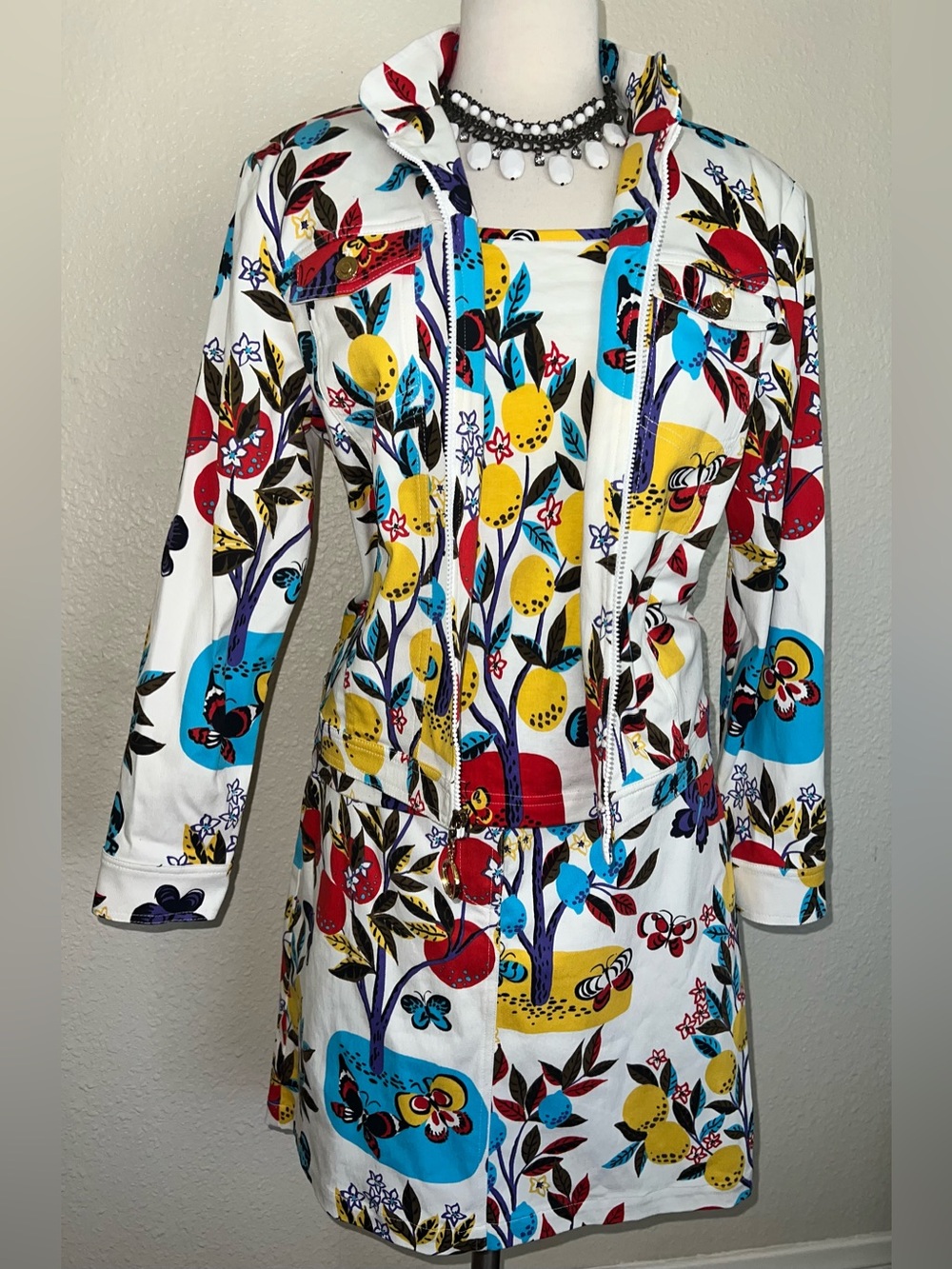 St. John White Floral Fruit Print Jacket and Skirt Set - Yellow, Red, Blue